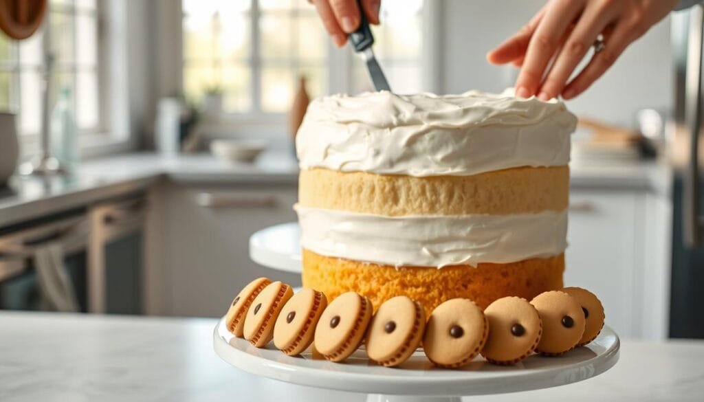 step-by-step madeline cookies cream cake tutorial